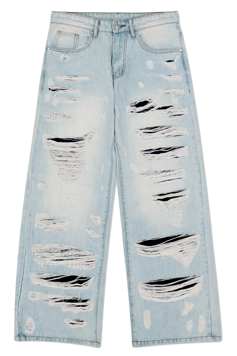 DISTRESSED DOUBLE DENIM PANTS WNTD APPAREL