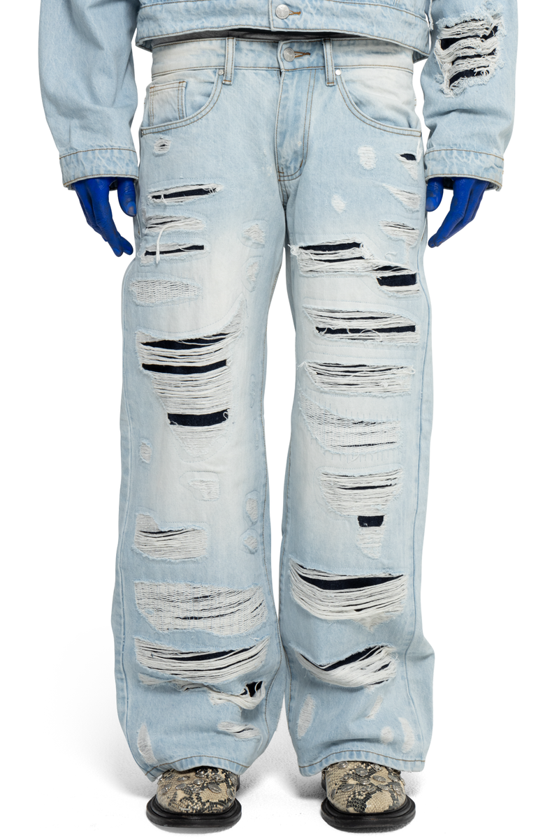 DISTRESSED DOUBLE DENIM PANTS WNTD APPAREL