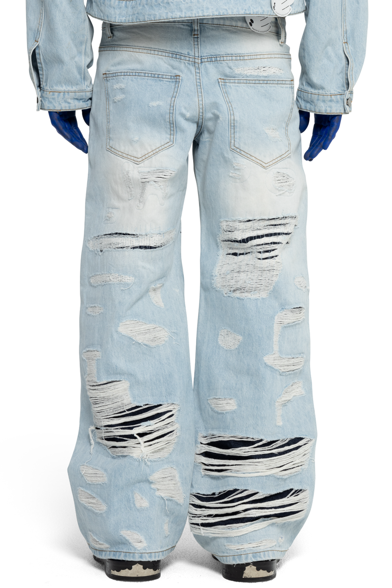 DISTRESSED DOUBLE DENIM PANTS WNTD APPAREL