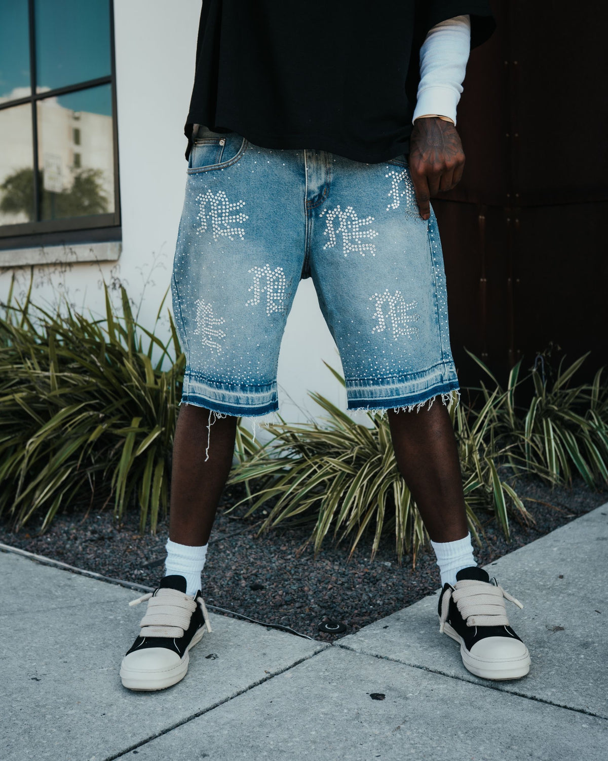 'ME' RHINESTONE DENIM SHORT MIXED EMOTION